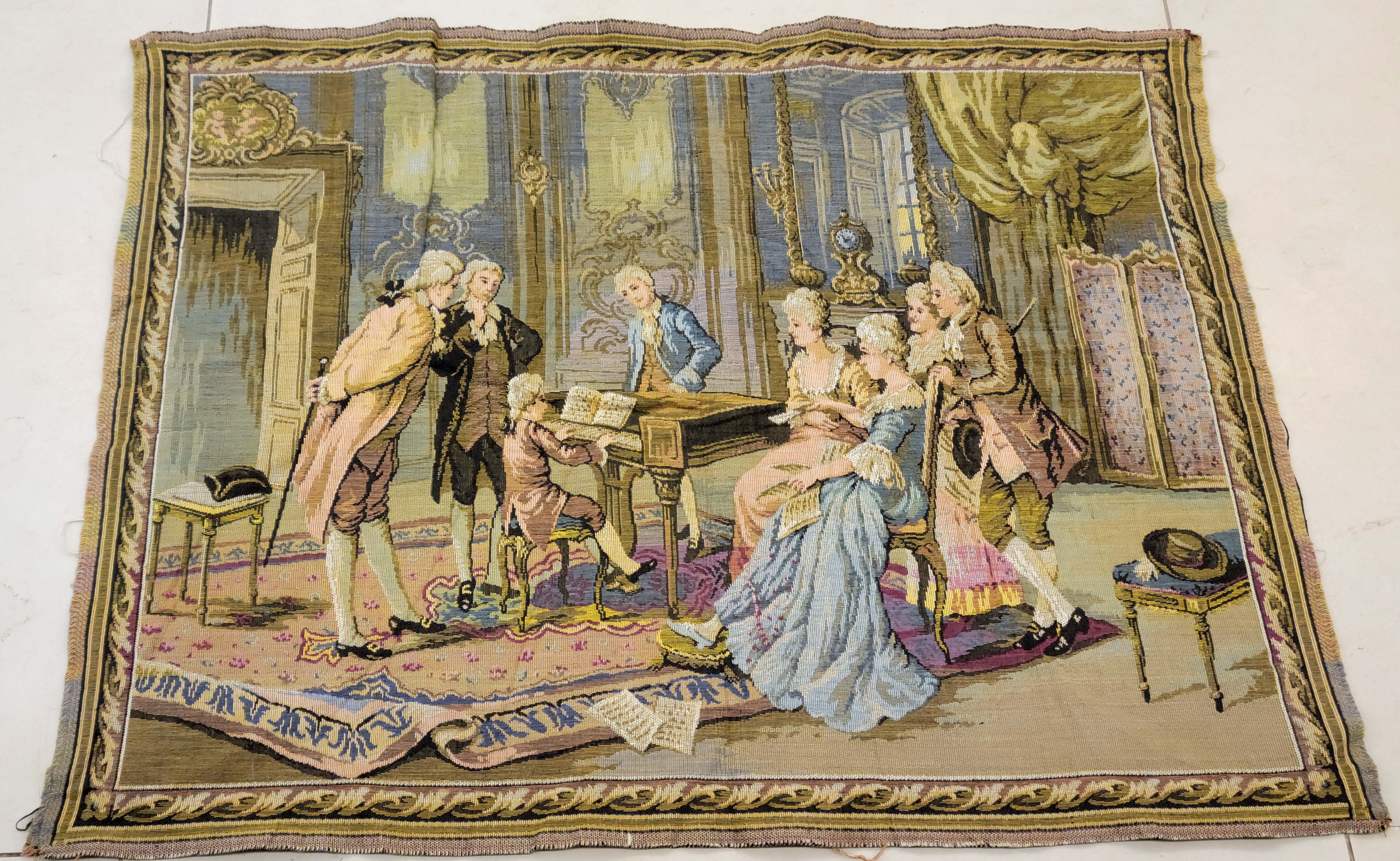 Vintage French Rococo Tapestry - Mozart Musical Salon Concert - 65x50 cm