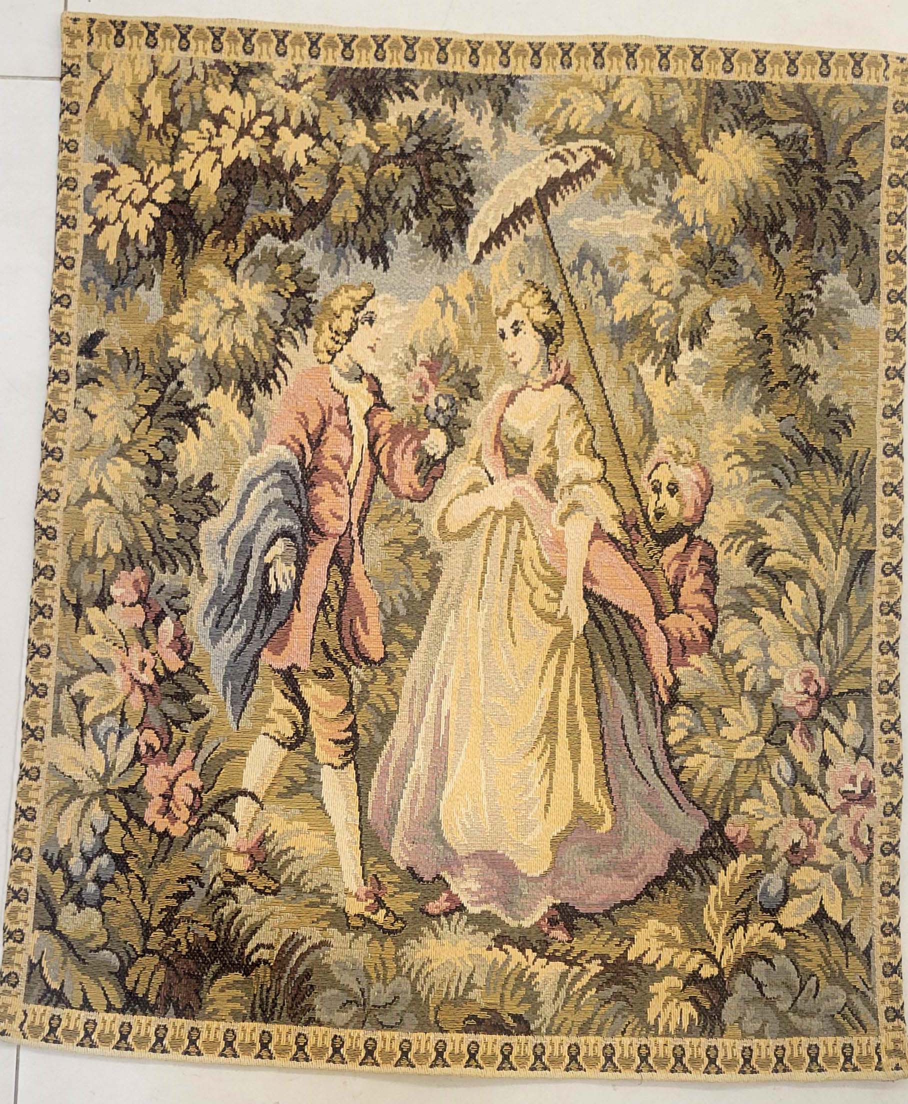Vintage French Rococo Pastoral Tapestry Wall Hanging - Courting Couple Fête Galante