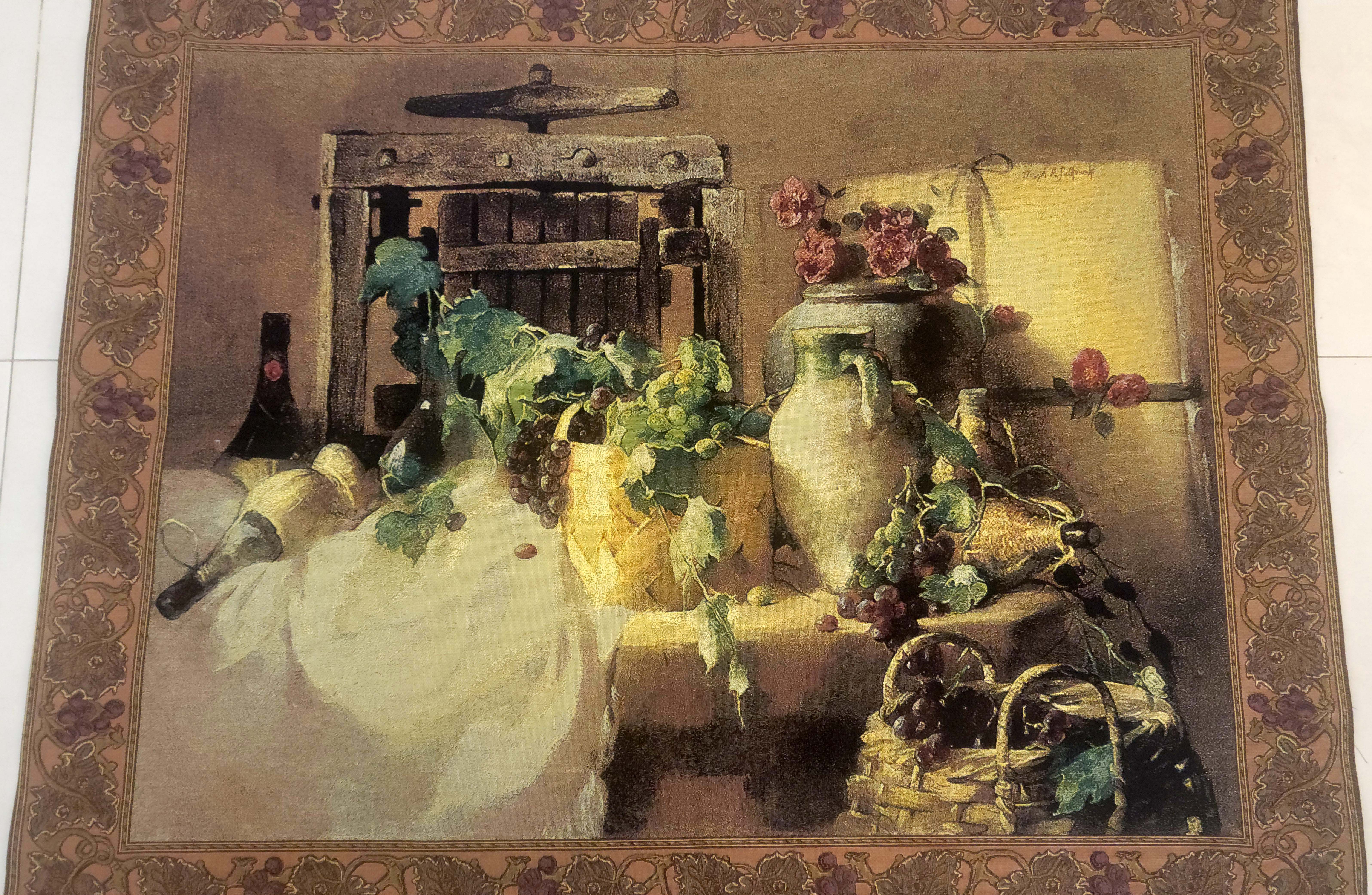 Vintage French Style Wine Harvest Still Life Woven Tapestry Wall Hanging - 133 x 106 cm