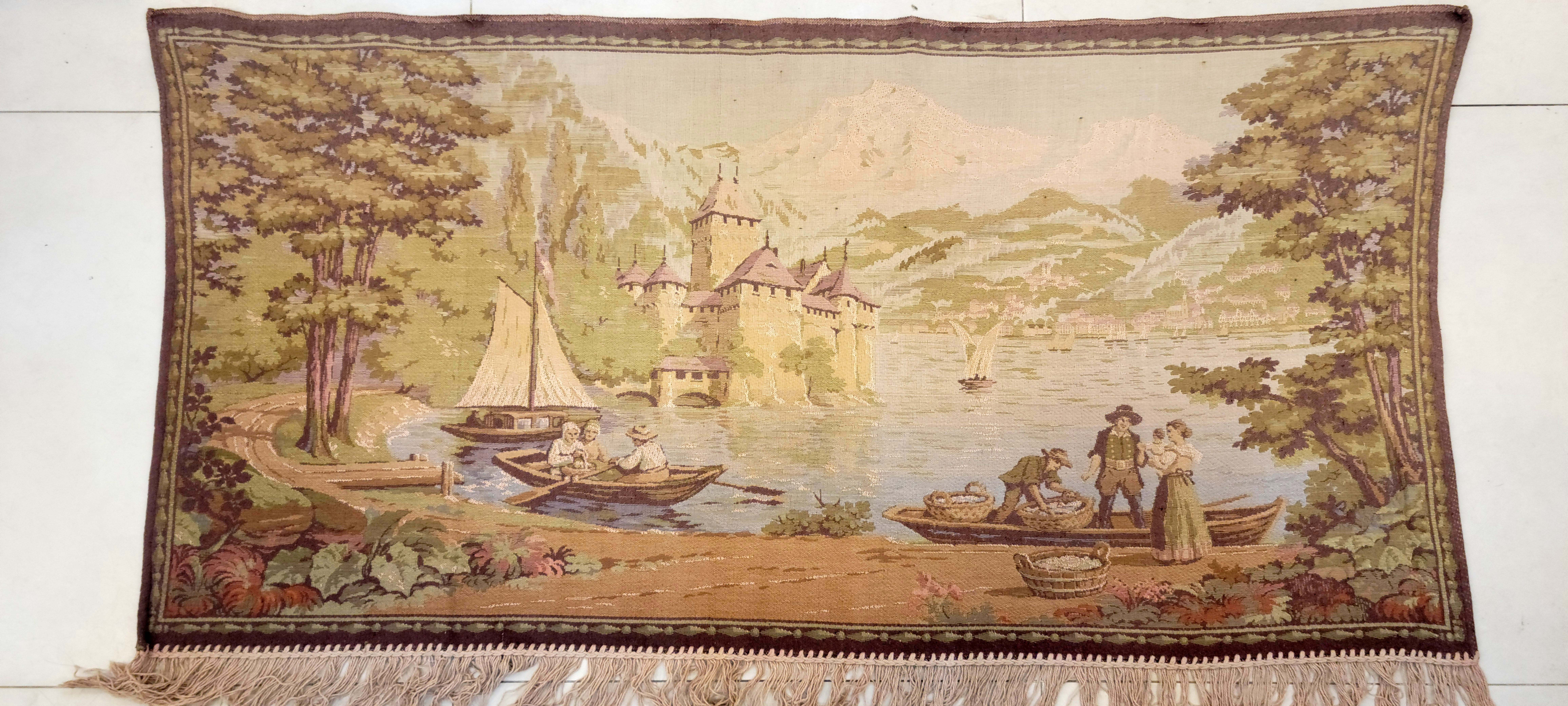 Vintage French Lakeside Castle Tapestry Wall Hanging - Scenic European Pastoral Landscape (135 x 68 cm)
