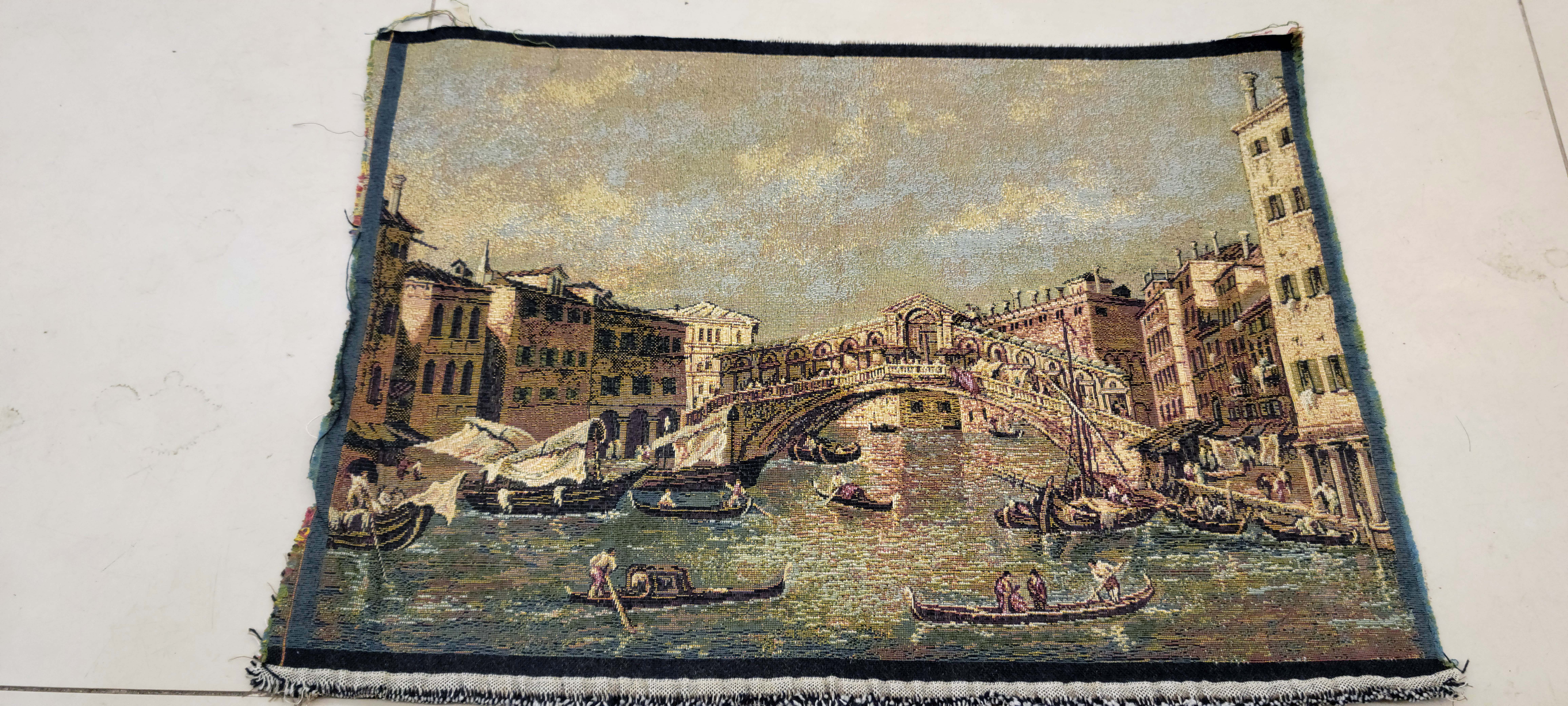 Vintage Venetian Canal Scene Jacquard Tapestry Panel - Rialto Bridge Venice Wall Hanging