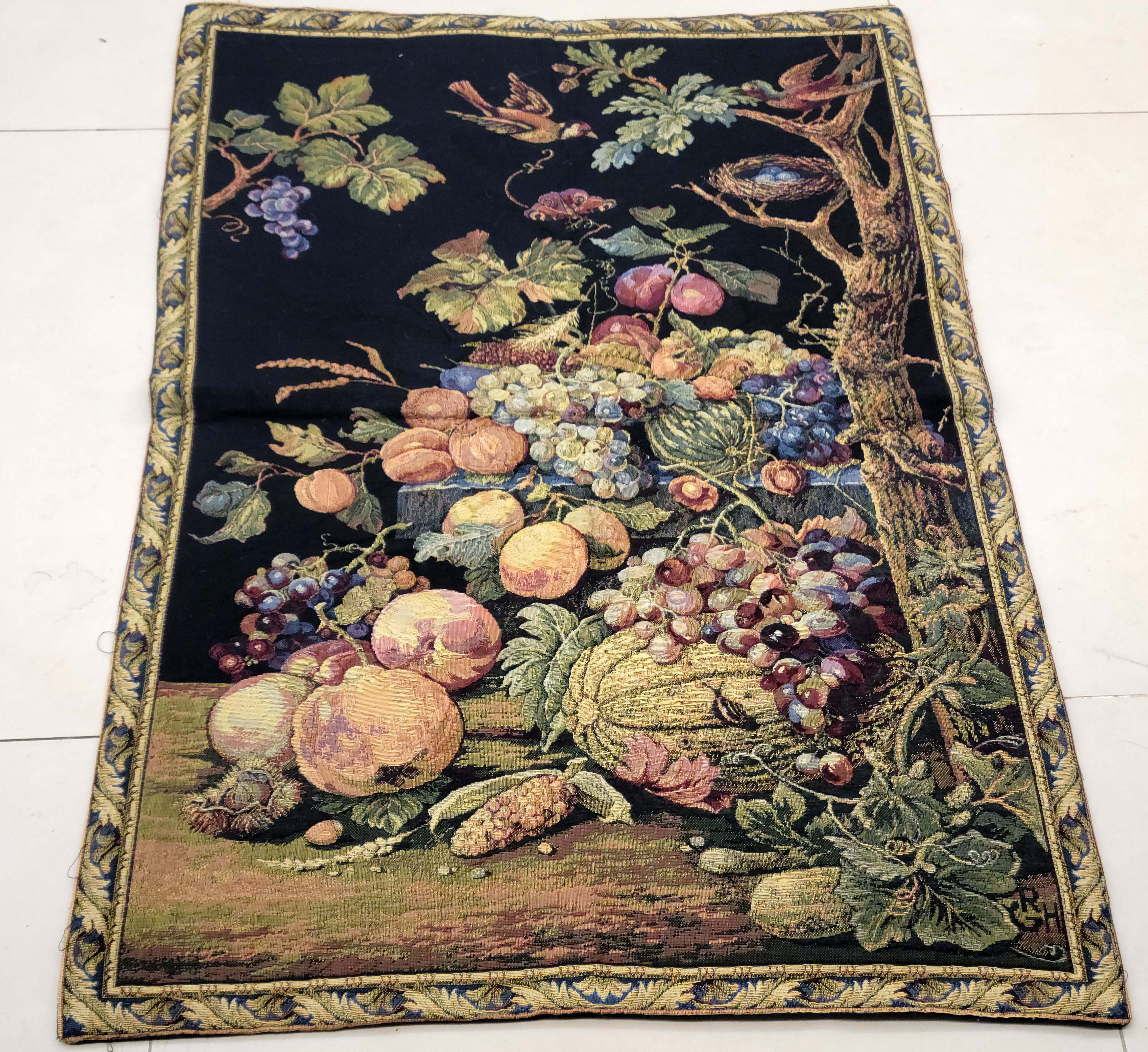 Vintage French Style Jacquard Woven Wall Tapestry - Flemish Fruit Still Life & Birds (87 x 66 cm)
