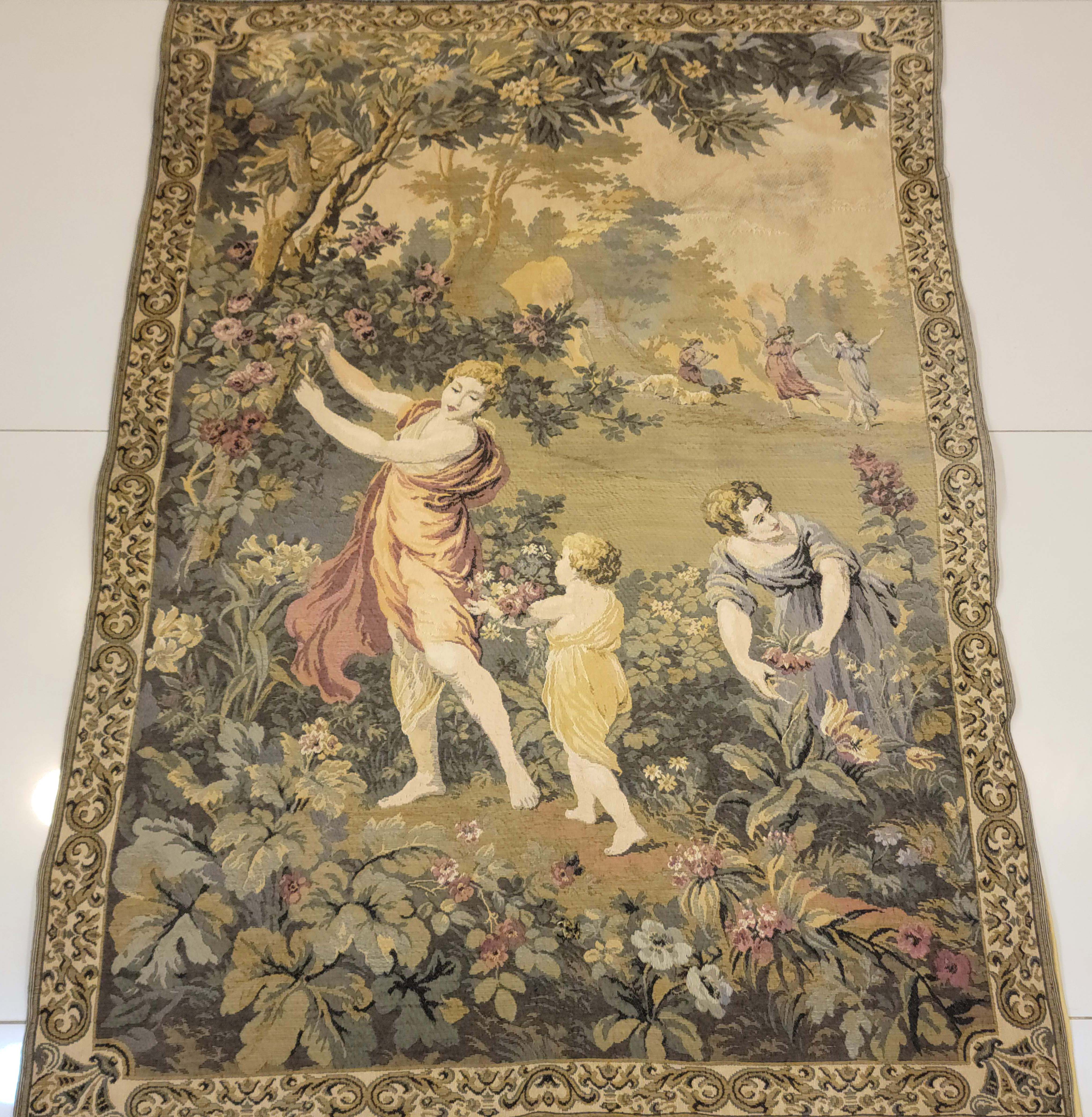 Vintage French Aubusson Style Woven Wall Tapestry - Pastoral Classical Garden Scene (86 x 130 cm)