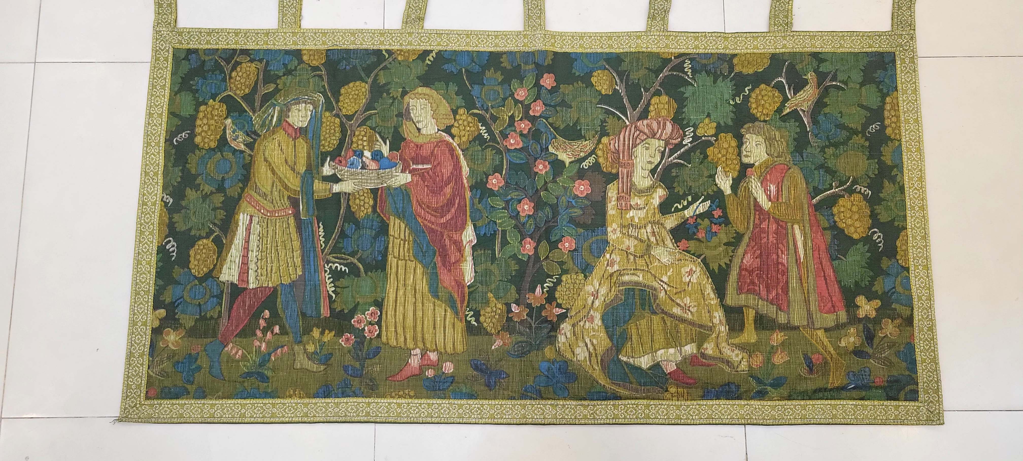 Vintage French Medieval Style Jacquard Wall Tapestry - Grape Harvest Garden Scene (132 x 67 cm)