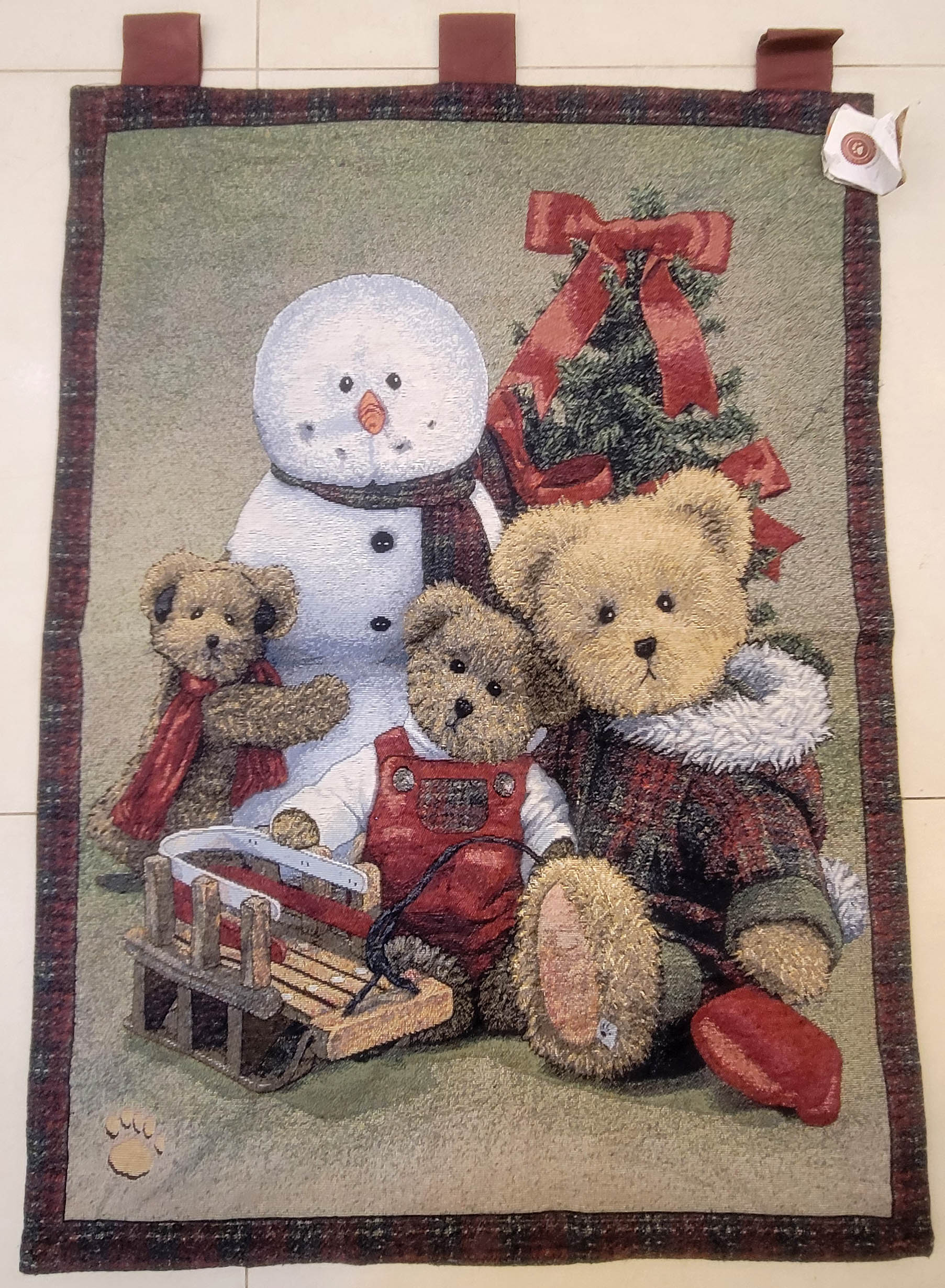 Vintage Boyds Bears Christmas Tapestry Wall Hanging - Winter Snowman & Teddy Bear Holiday Decor