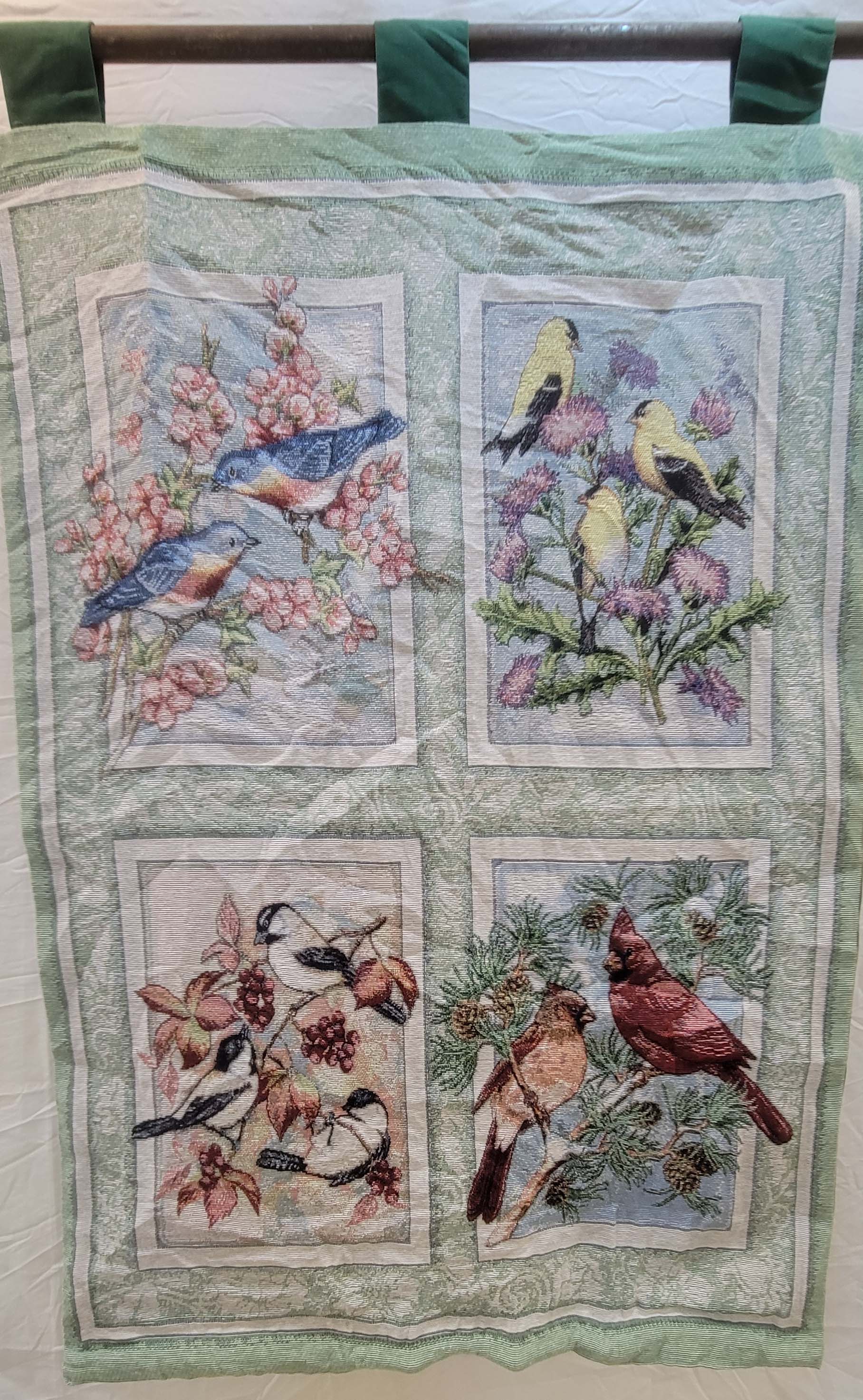 Jacquard Woven Songbird Tapestry Wall Hanging - Four Bird Panels with Cardinals, Bluebirds, Goldfinches & Chickadees
