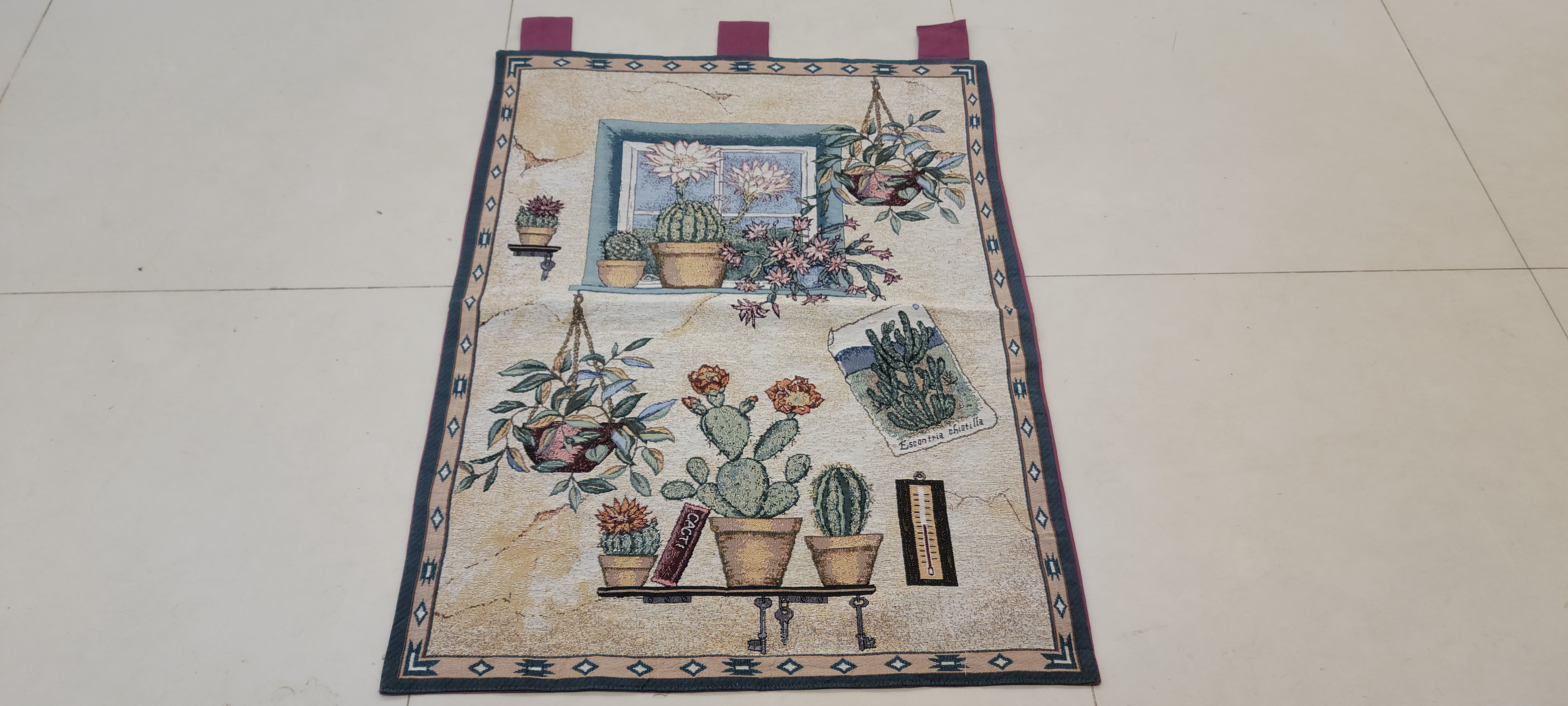 Vintage Southwestern Cactus Botanical Tapestry Wall Hanging | Jacquard Woven Textile Art