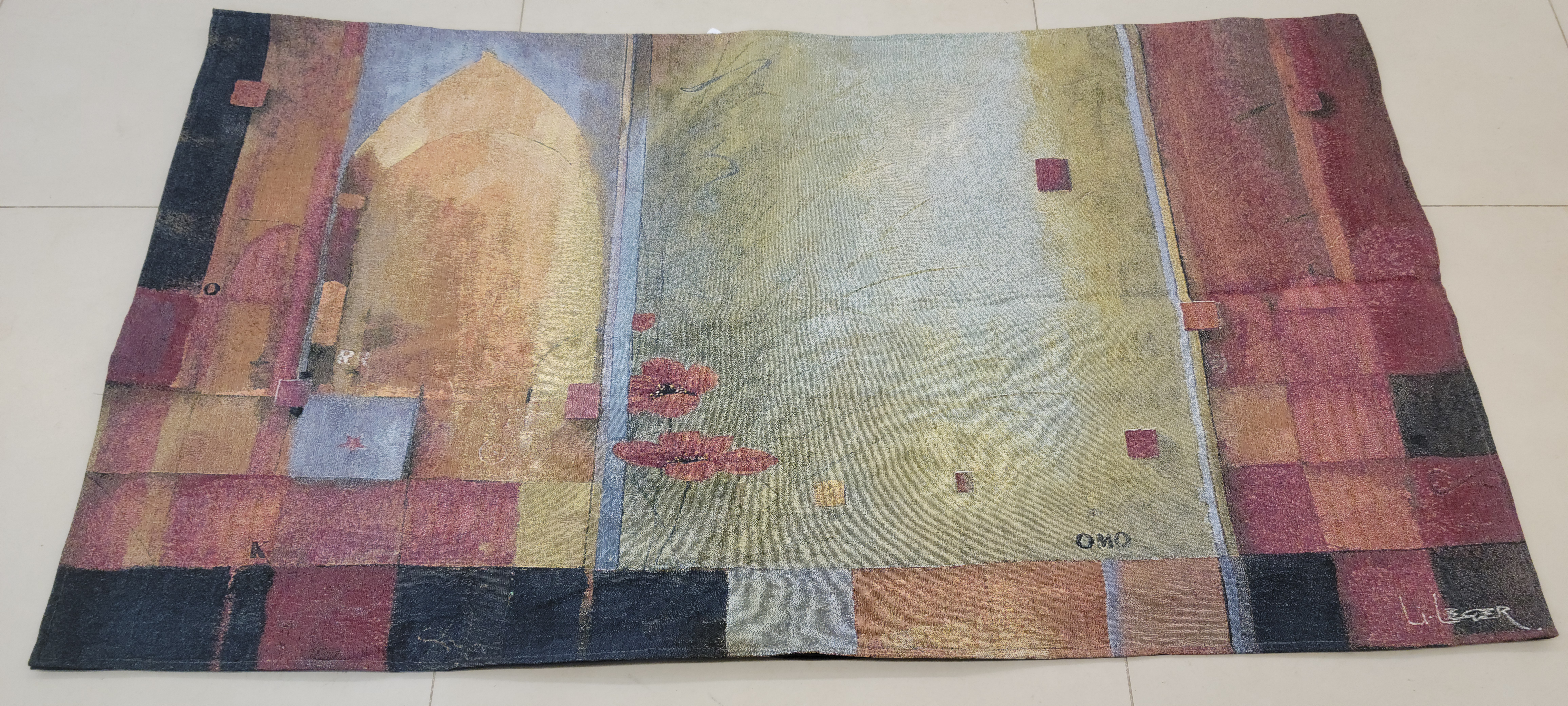 Modern French Jacquard Wall Tapestry - Architectural Arch & Poppies by L. Léger