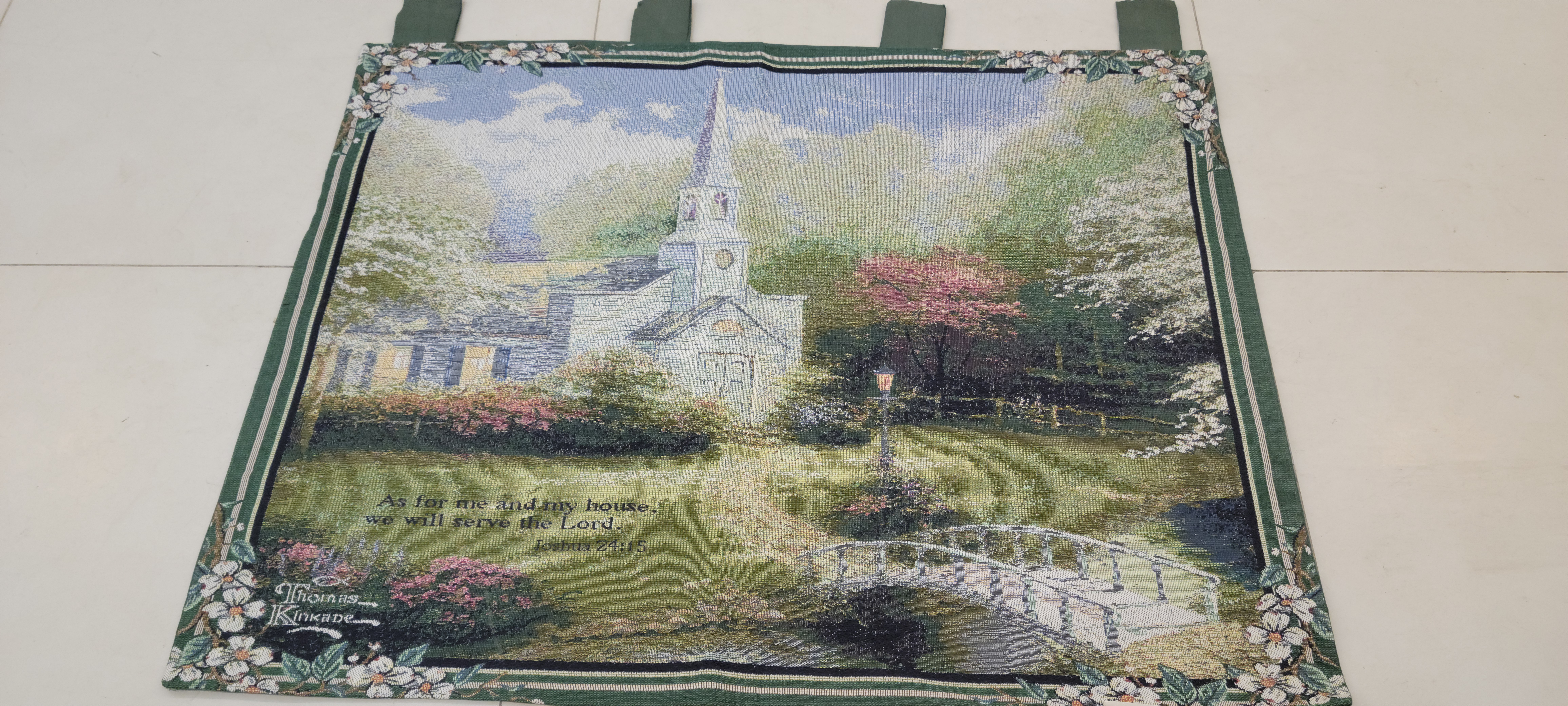 Vintage Thomas Kinkade Jacquard Woven Wall Tapestry - Joshua 24:15 Scripture Church Landscape