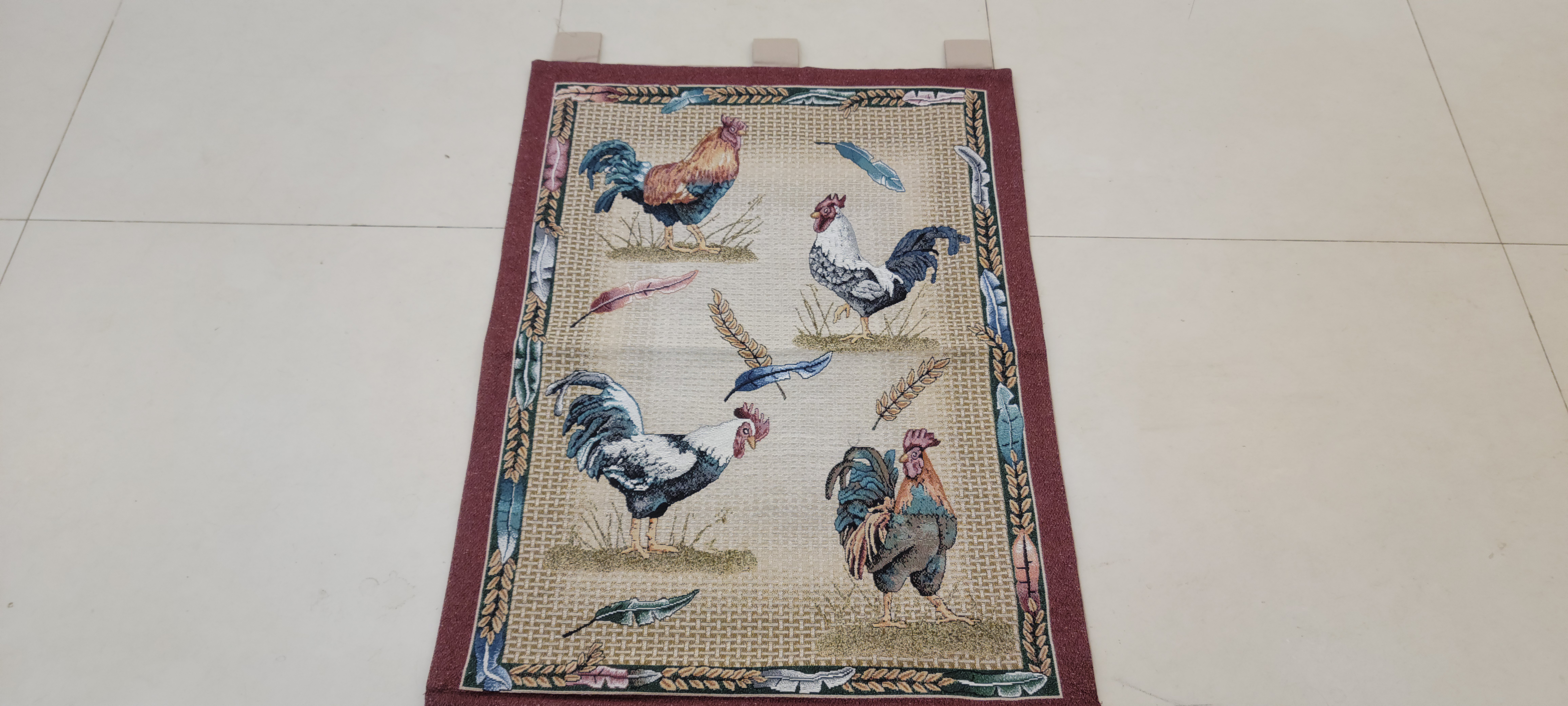 Vintage French Country Rooster Woven Tapestry Wall Hanging 26x36 Farmhouse Decor