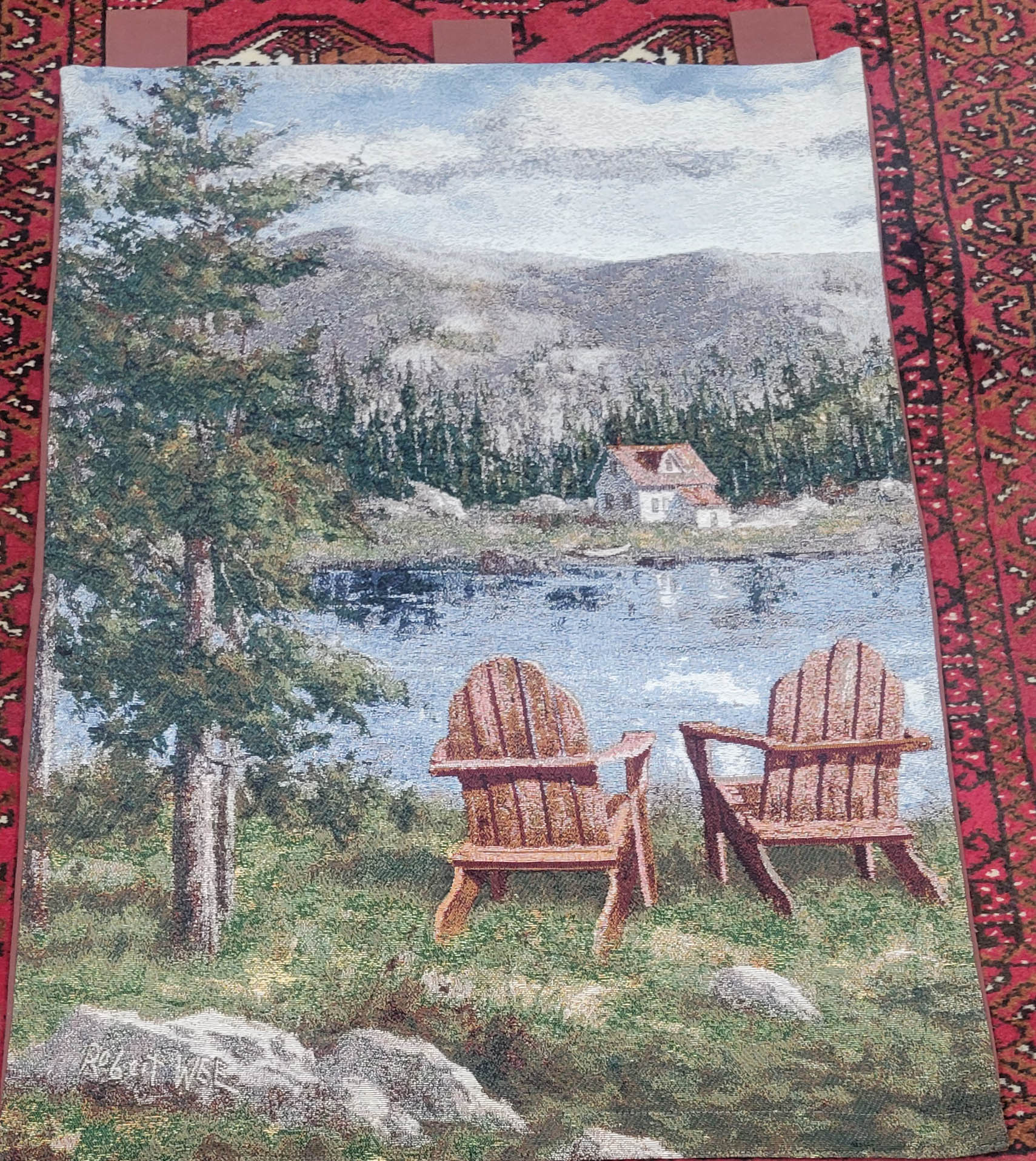 Vintage Lakefront Cabin Woven Jacquard Tapestry Wall Hanging by Robert West - Adirondack Chairs Landscape