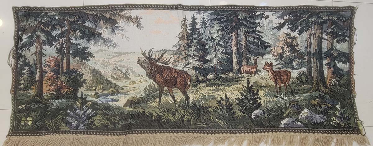 Vintage European Forest Stag & Deer Jacquard Woven Tapestry Wall Hanging