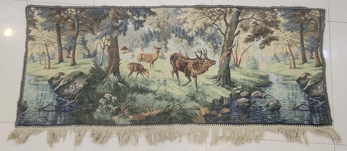 Vintage European Forest & Stag Jacquard Woven Tapestry Wall Hanging