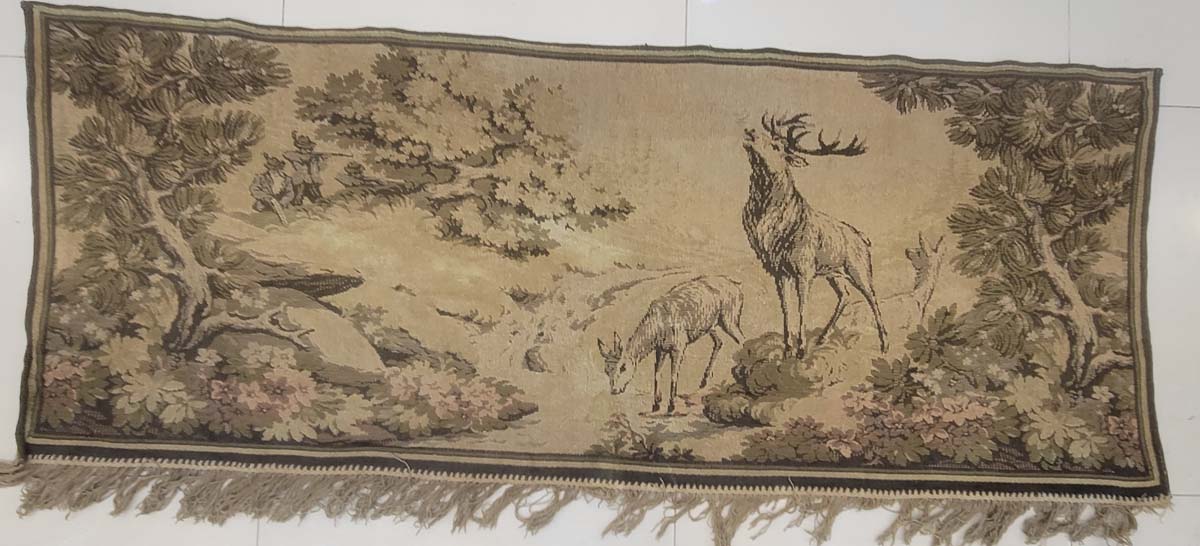 Vintage French Style Forest Hunting Scene Tapestry - Stag & Deer Landscape