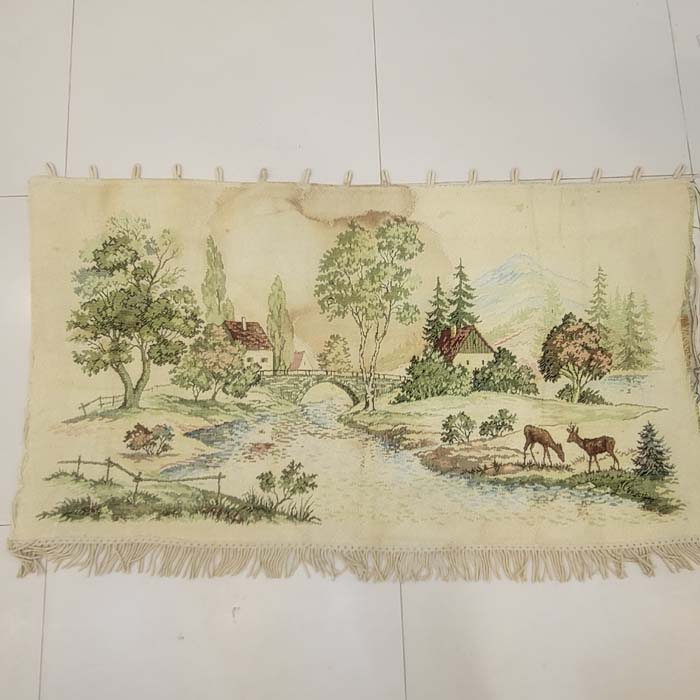 Vintage French Style Bucolic Landscape Tapestry - Woven River Scene with Deer & Cottages