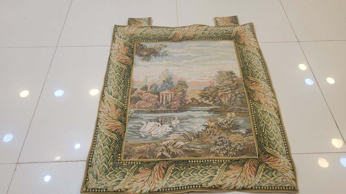 Vintage French Country Verdure Wall Tapestry - Romantic Lake, Swans & Classical Temple Landscape