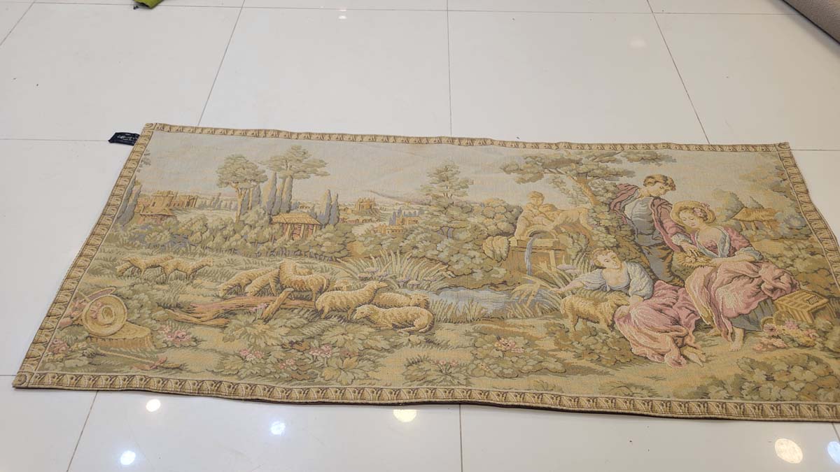 Vintage French Jacquard Wall Tapestry - Tapisserie Gobelys Romantic Pastoral Bucolic Scene