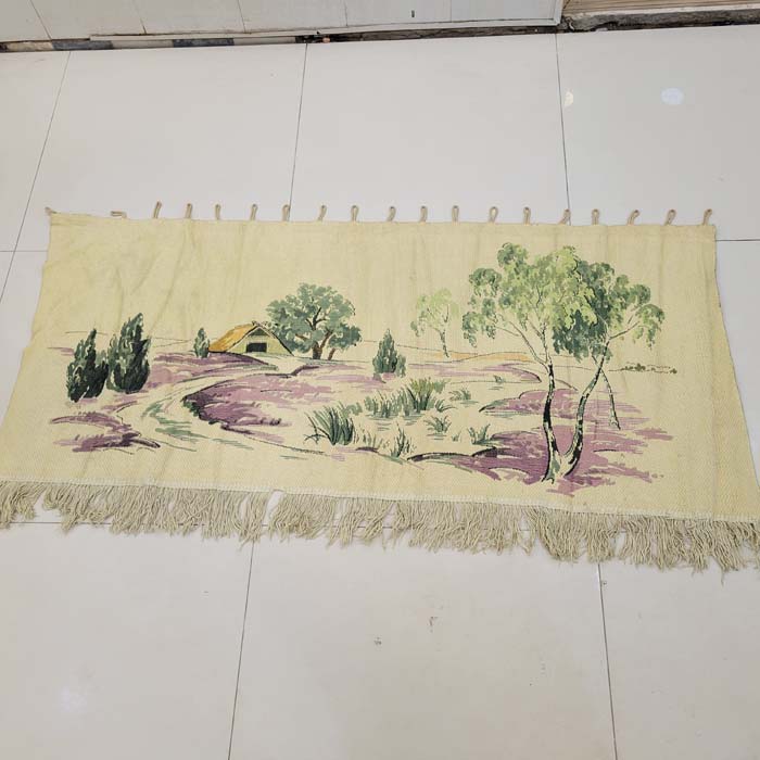 Vintage French Pastoral Landscape Woven Tapestry Wall Hanging with Fringe - 2.1' x 4.7'