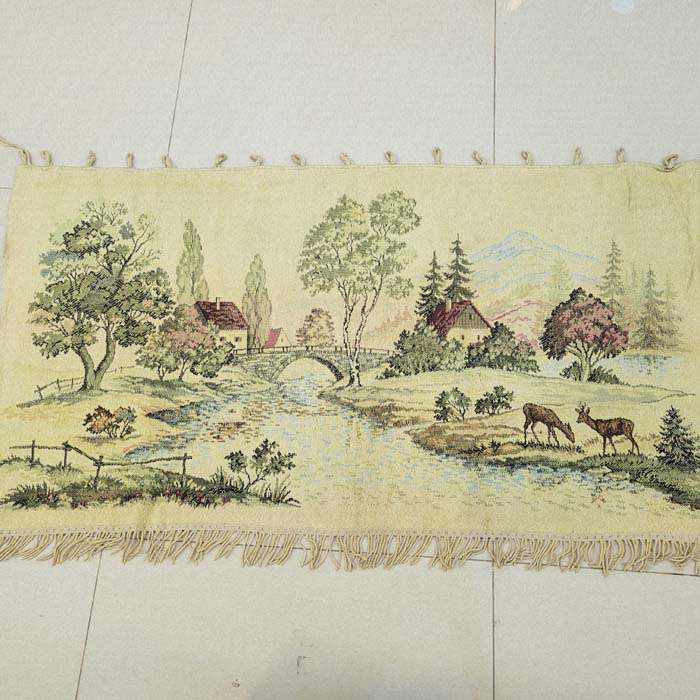 Vintage French Bucolic Landscape Tapestry Wall Hanging - Pastoral River Scene with Deer & Stone Bridge