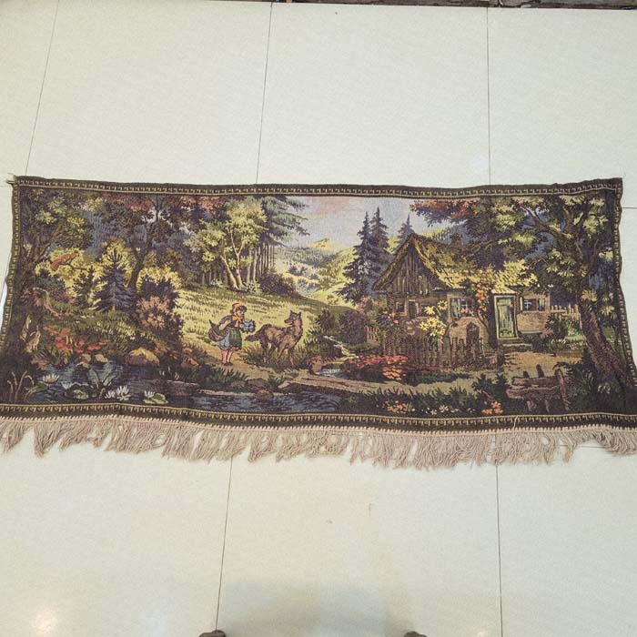 Vintage European Jacquard Tapestry - Little Red Riding Hood Forest & Cottage Scene