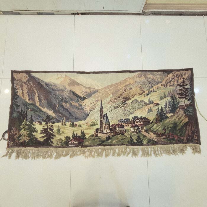 Vintage European Alpine Village Landscape Tapestry Wall Hanging with Fringe
