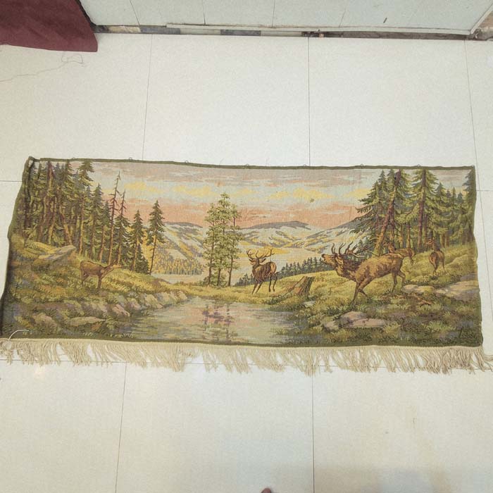Vintage European Forest Stag Woven Tapestry Wall Hanging with Fringe