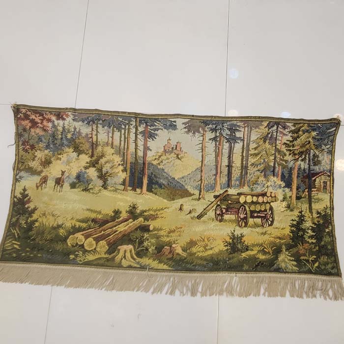 Vintage European Jacquard Woven Woodland Landscape Tapestry - Forest Logging Scene with Castle