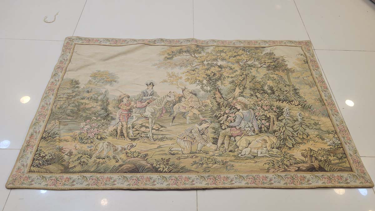 Vintage French Aubusson Style Jacquard Tapestry - Royal Hunting & Pastoral Scene