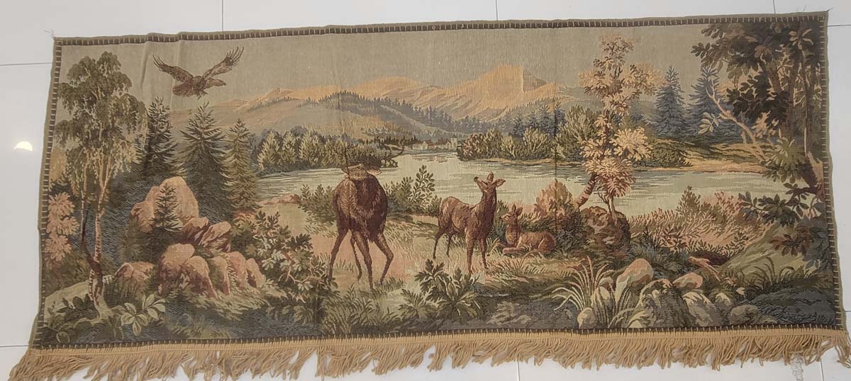 Vintage European Jacquard Tapestry - Forest Wildlife Scene with Deer & Mountains