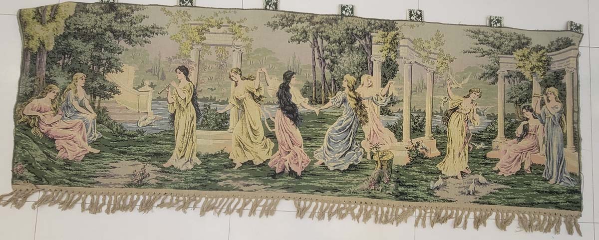 Vintage Neoclassical French-Style Panoramic Tapestry - Dancing Muses & Classical Ruins Wall Hanging