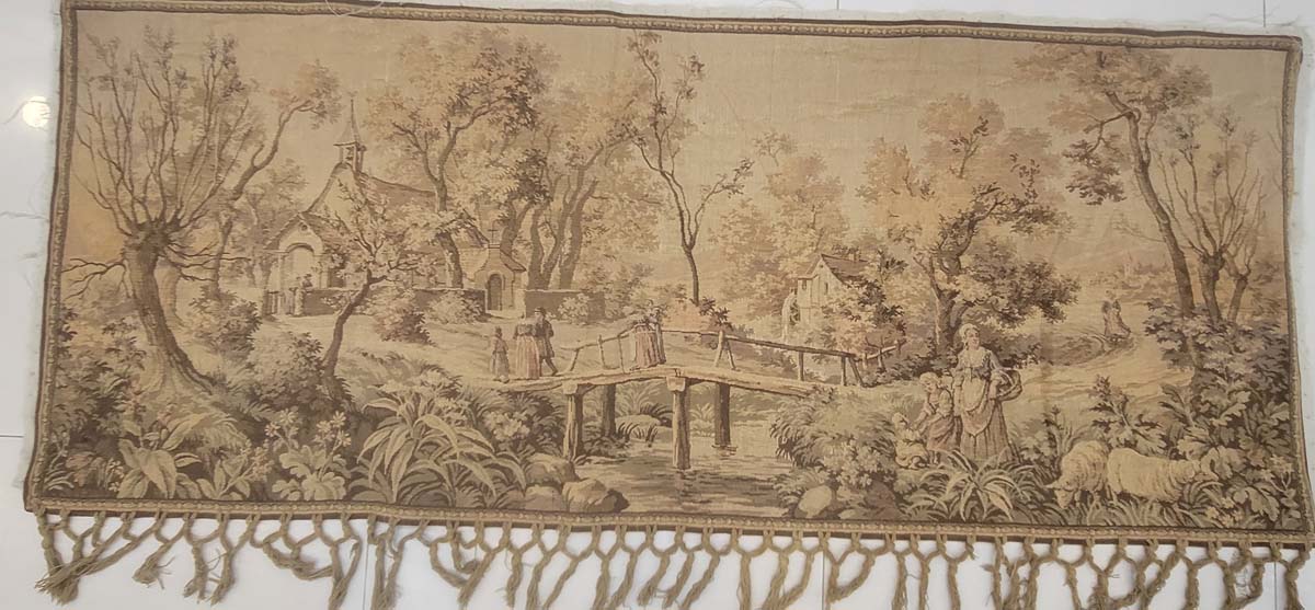 Vintage French Pastoral Landscape Tapestry Wall Hanging with Fringe - 5.0 x 2.2 ft