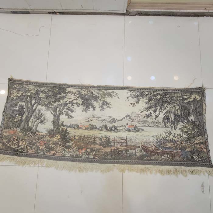 Vintage French Jacquard Tapestry Wall Hanging - Pastoral Lake Landscape with Boat & Village