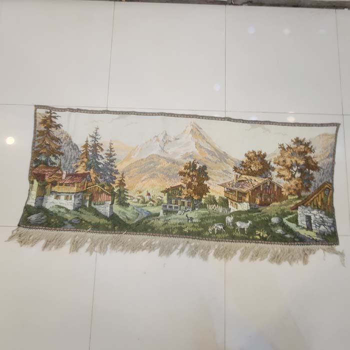 Vintage European Alpine Landscape Jacquard Tapestry Wall Hanging - Mountain Chalet & Goats