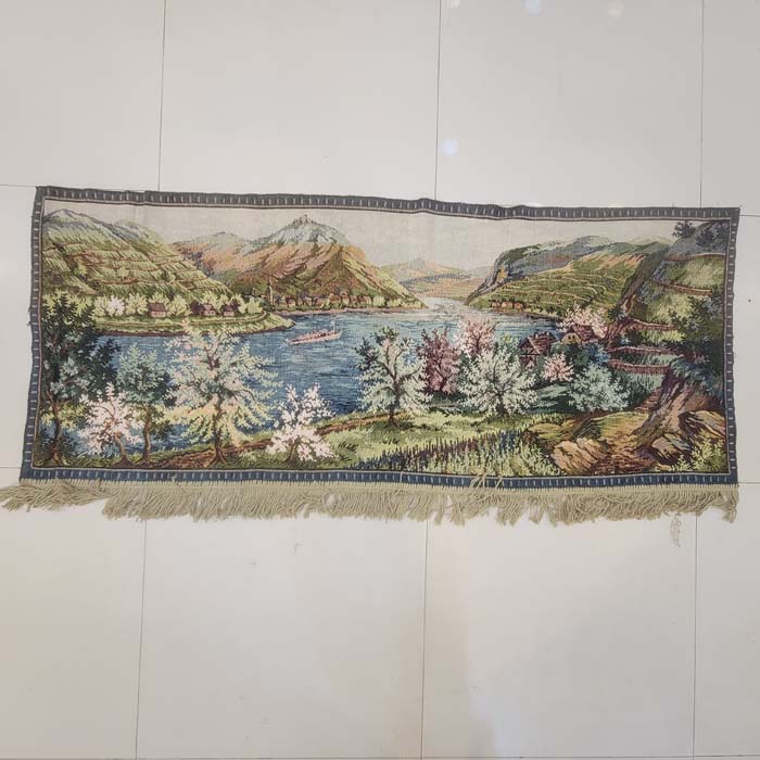 Vintage European Scenic River Valley Tapestry Wall Hanging - Spring Landscape with Fringe