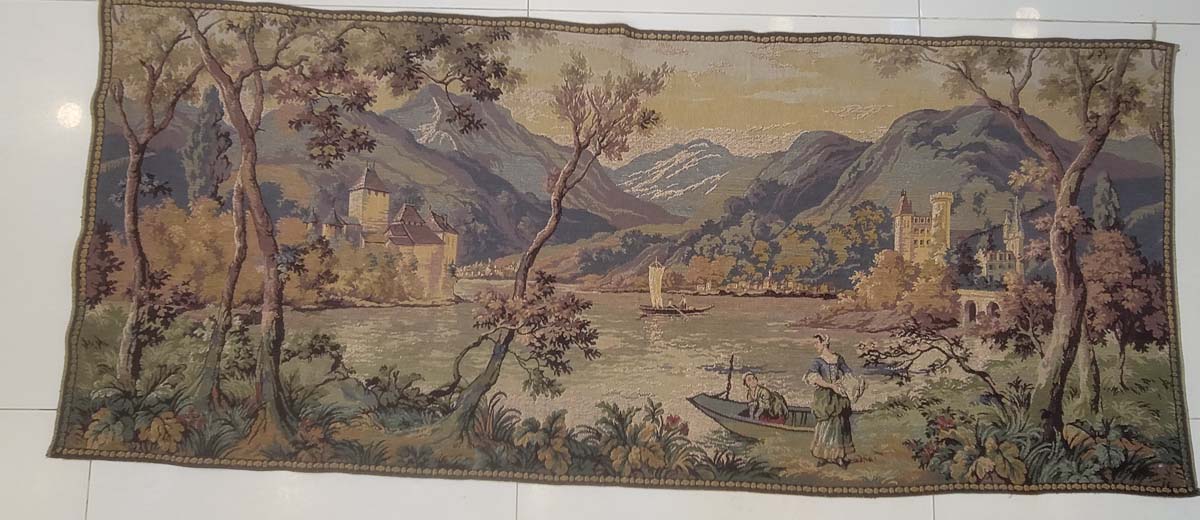 Vintage French Aubusson Style Lake Landscape Tapestry Wall Hanging