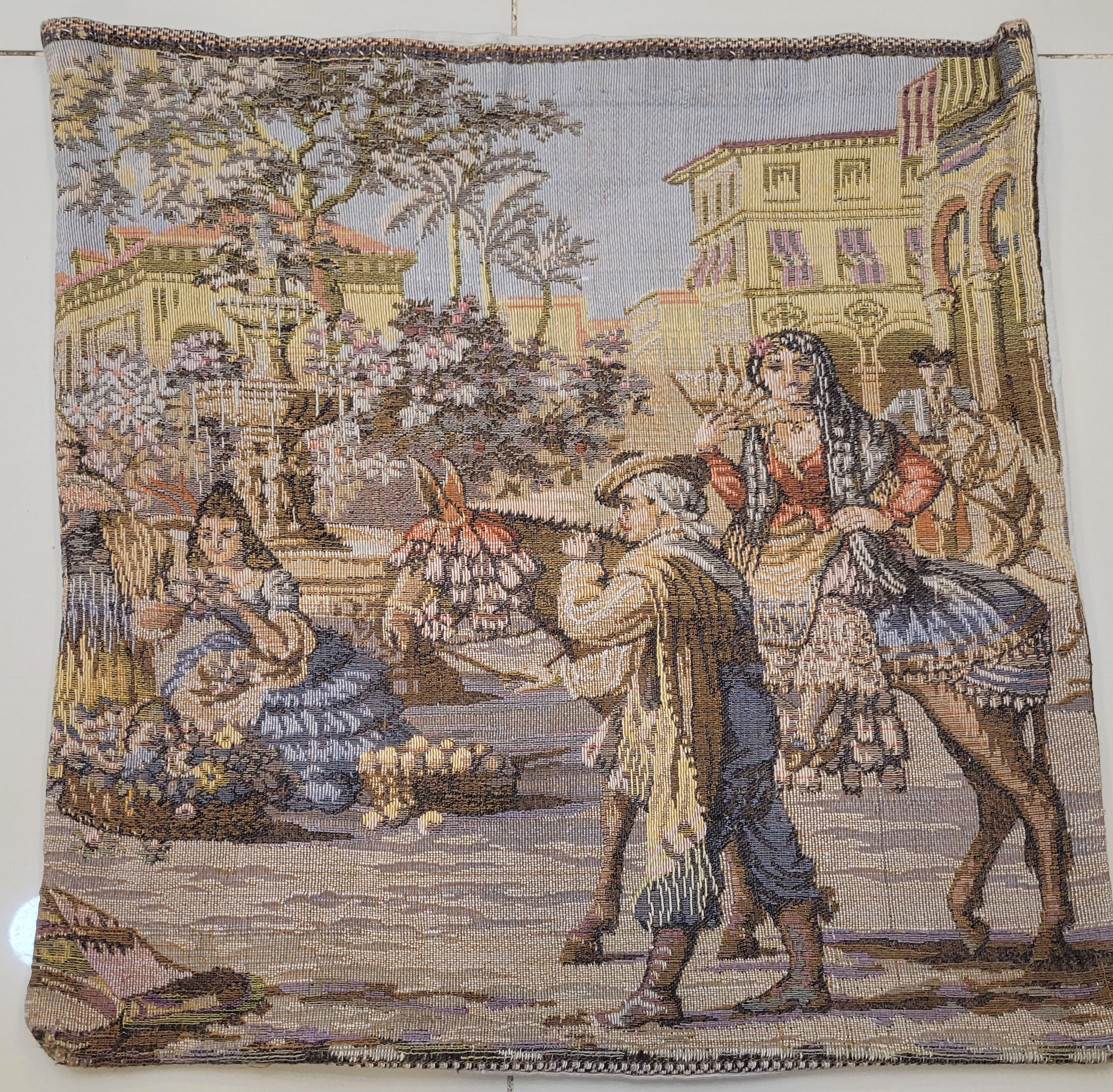 Vintage French Style Jacquard Tapestry Panel - Romantic Spanish Village Scene - Woven Decorative Cushion Cover